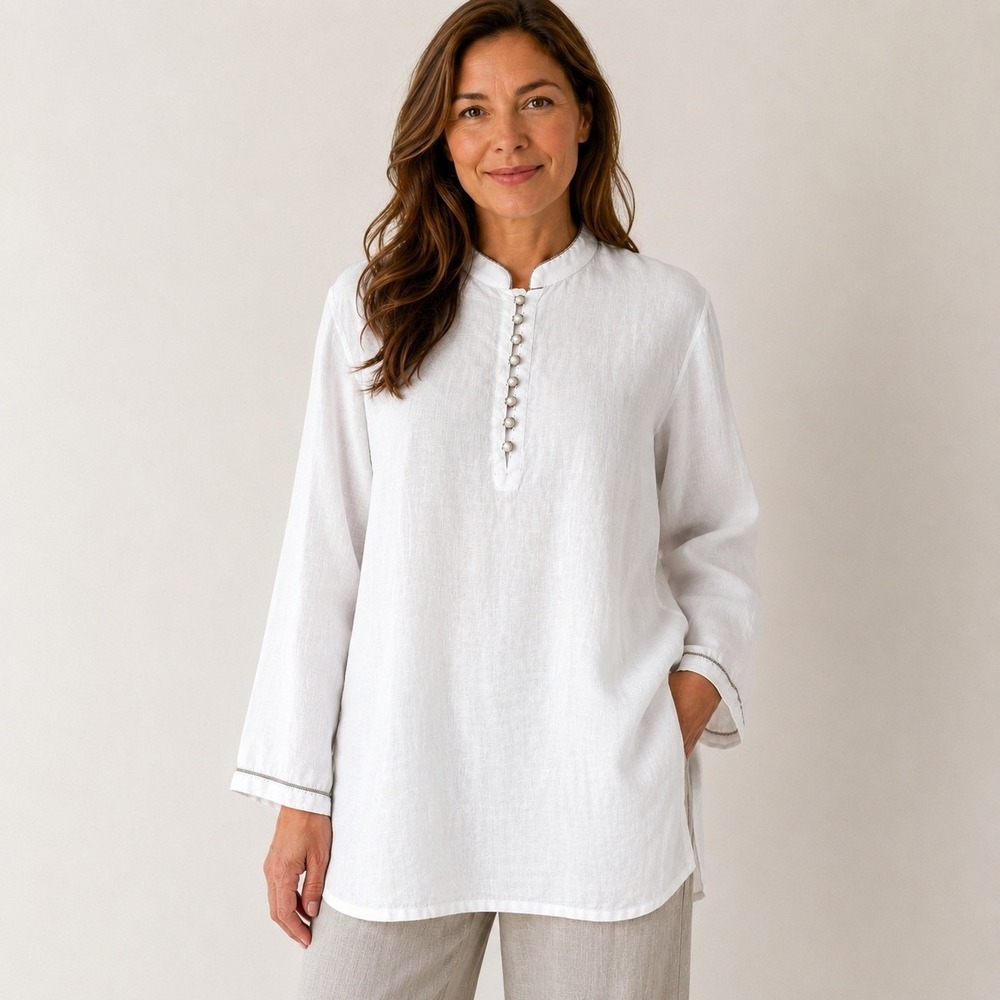 OMONI Womens XXL 100% Linen Tunic White Mandarin Collar Henley Button Front Boho